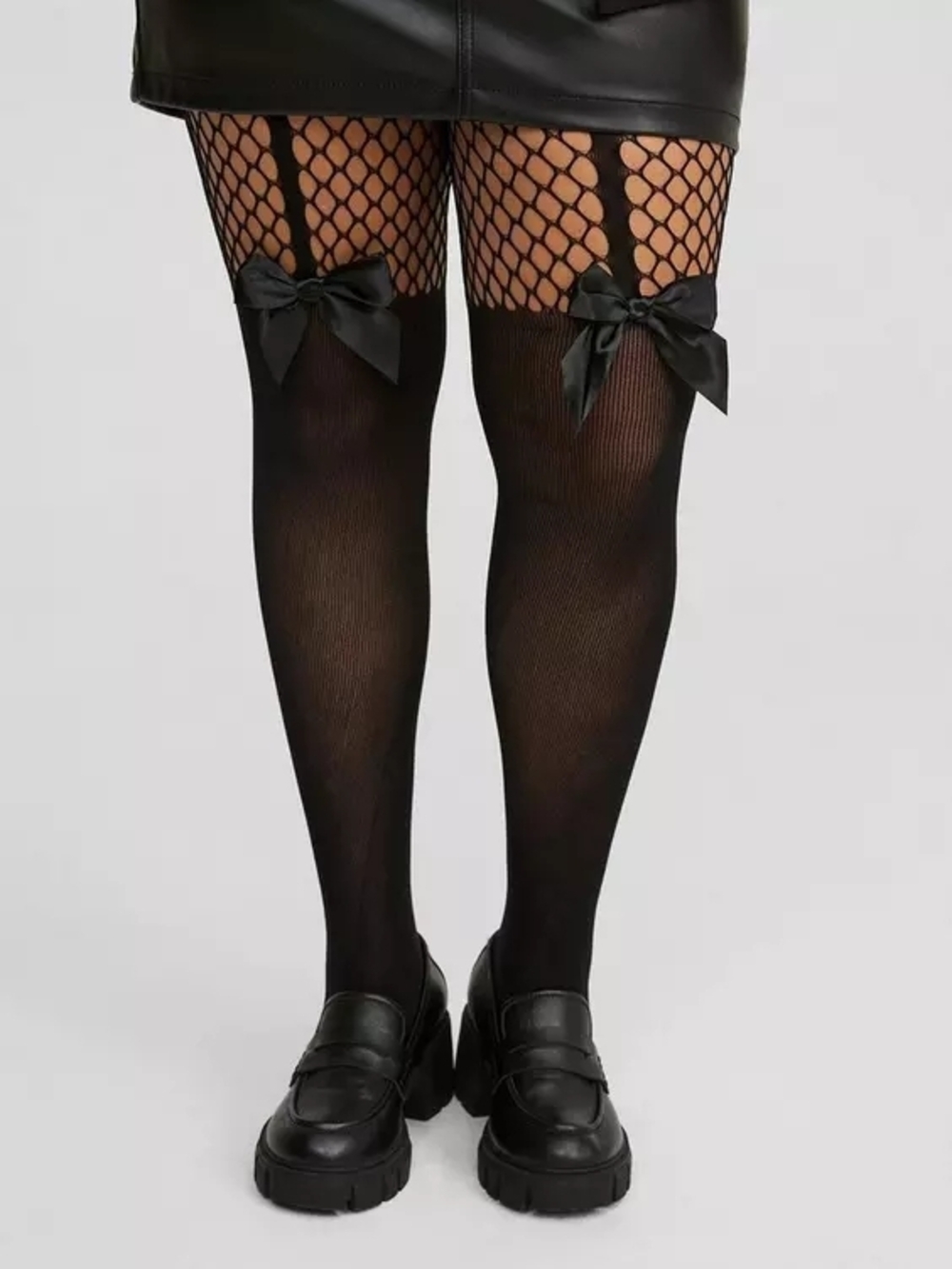 Torrid Plus Bow Black Fishnet Faux Thigh High Tights Sheer Lower & Garter Straps